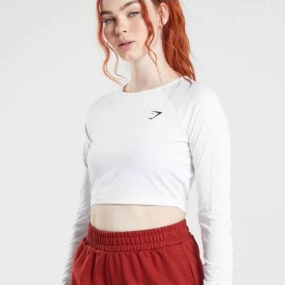 Gymshark Tops - GYMSHARK White Long Sleeve Crop Top Active Cropped Stretch Gym Yoga Outdoor M